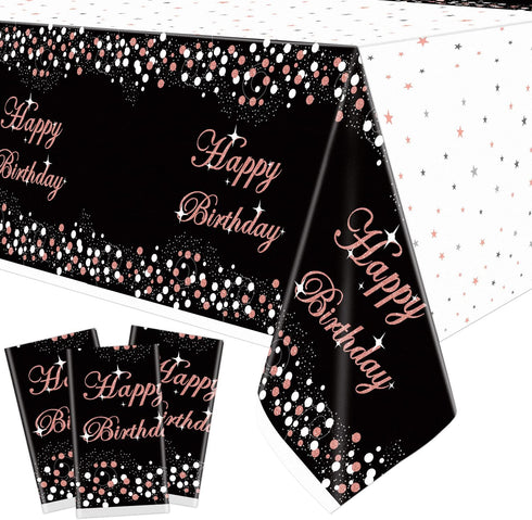 3 Pack Black and Rose Gold Tablecloths, Plastic Disposable Birthday Decorations, Rectangle Table Cover 51"x86" for