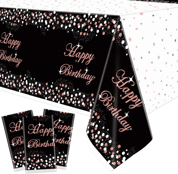 3 Pack Black and Rose Gold Tablecloths, Plastic Disposable Birthday Decorations, Rectangle Table Cover 51"x86" for