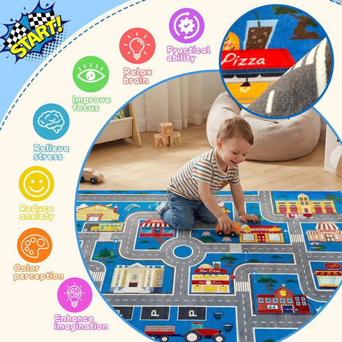 31x47in Play Mat Kids Rug for Boys and Girls, Non-Slip Playroom Rug Car Rugs for Kids Toy Cars Kid Classroom Road Rugs