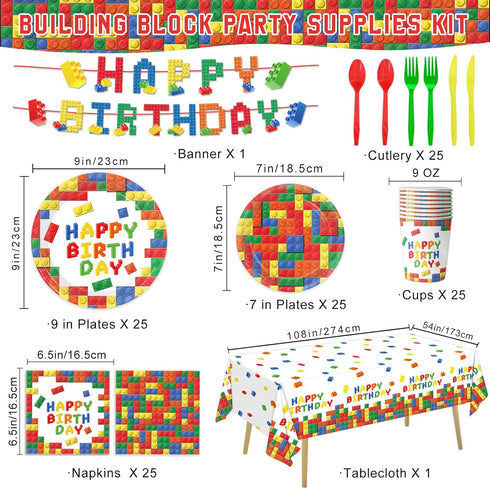 177 25 LINHAXM Pcs Building Block Birthday Party Supplies, Colorful Plates, Napkins, Cups, Tablecloth, Banner for Boys