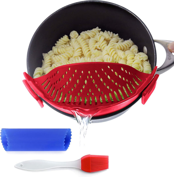 Clip On Kitchen Food Strainer for Spaghetti, Meat, Pasta, & Ground Beef Grease - Includes Silicone Drainer, Brush &