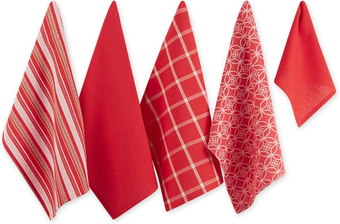 DII Assorted Woven Kitchen Set, 5 Piece, Red, Dishtowel 18x28, Dishcloth 13x13