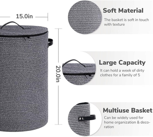 CHICVITA Large 58L Laundry Hamper with Lid, Tall Woven Basket for Clothes, Blankets, Toys, Grey