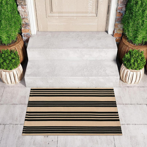 Black and Khaki Striped Outdoor Rug 24"x35", Cotton Hand-Woven Foldable Mat, Washable Reversible Door Mats for Entryway