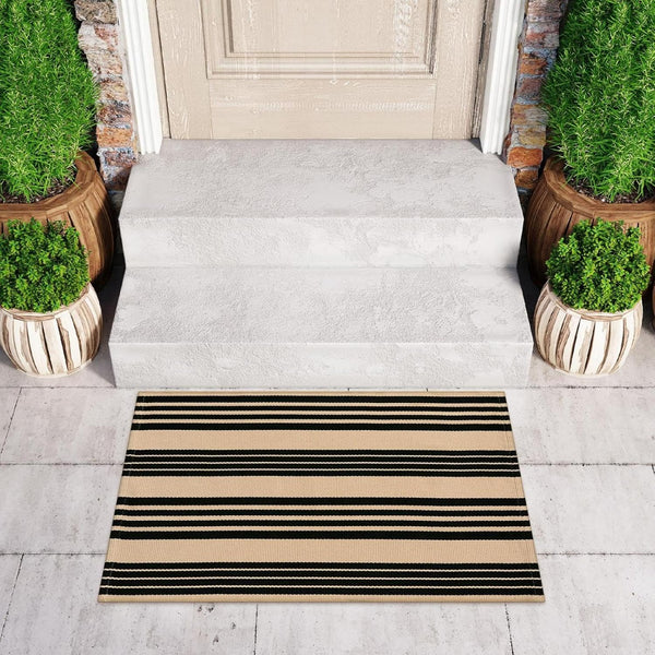 Black and Khaki Striped Outdoor Rug 24"x35", Cotton Hand-Woven Foldable Mat, Washable Reversible Door Mats for Entryway