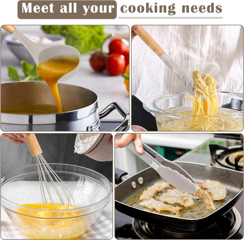 E-far Silicone Cooking Utensils Set, 10-Piece Heat Resistant Kitchen Tools with Wooden Handle