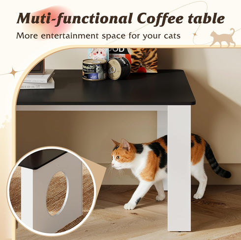 2-in-1 WLIVE Coffee Table, Cat Wood Coffee Table with Lagre Storage Tabletop, Modern Center Table Cat House with Cat