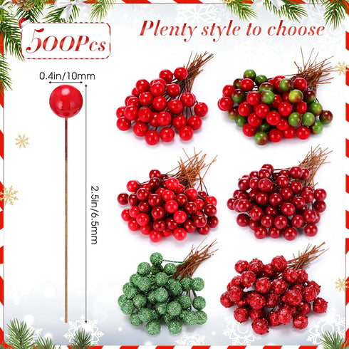 Knitgrip 500 10 mm Pcs Artificial Holly Berries, Mini Christmas Fake Berry with Stem Berry Picks for Xmas Tree Home