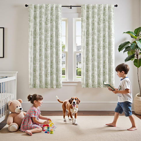 JINCHAN 95% 63 Inches 2 Blackout Nursery Curtains Long, Bunny Woodland Toile Easter Decor Curtains Sage Green on Beige