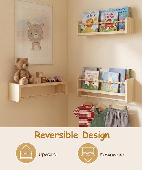 Set 3, Nursery Book Shelves for Wall of Natural Wood Bookshelves Wall Decor, Small Floating Shelf Organizer for Kids