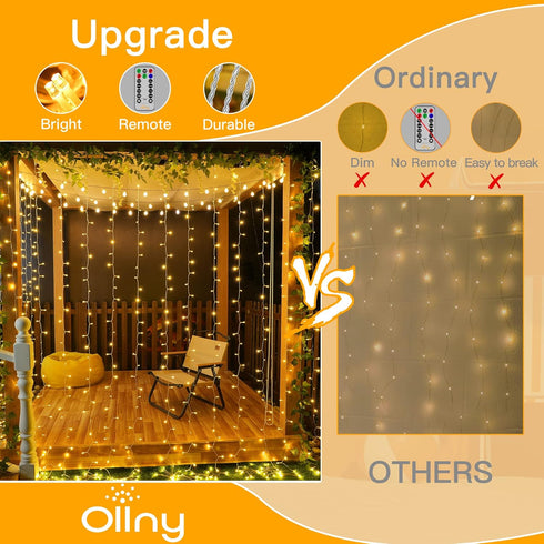 6.6x6.6ft, 200 8 Dimmable Ollny Curtain Lights LED String Lights with Remote Modes Timer, USB Power Fairy Light