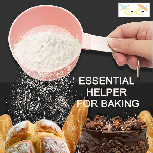 Measuring Cups and Spoons Set of 8pcs - Cute Pink Stainless Steel Handle, XGiGiX Plastic Measure Spoon and Cup Set
