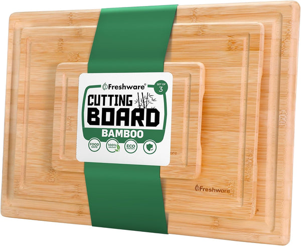 Freshware Wood Cutting Boards for Kitchen, Bamboo Set of 3, Juice Grooves, Easy Grip Handle