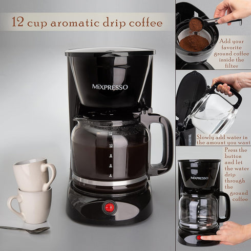 Mixpresso 12 Cup Coffee Pot, Auto-Off & Reusable Filter, Large Drip Coffee Maker with Borosilicate Glass Carafe