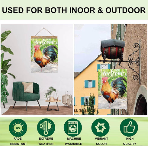 Welcome Rooster Garden Flag, 12.5X18 Double-Sided Farm Animal Chicken Flag for Outdoor Decor