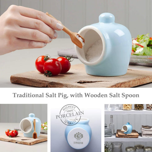 Wm Bartleet & Sons Traditional Porcelain Small Salt Pig, Blue, with Wooden Salt Serving Spoon