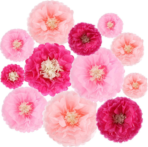 Gejoy 12 Pieces Pink Paper Flowers Tissue Pom Poms for Wedding Backdrop, Baby Shower, Birthday