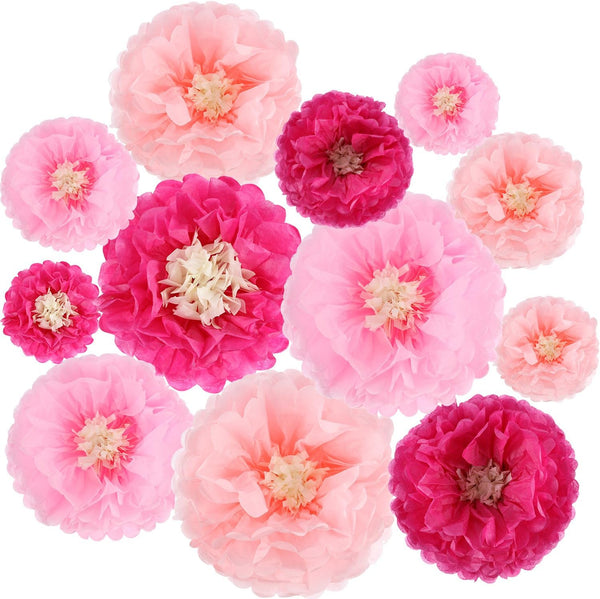 Gejoy 12 Pieces Pink Paper Flowers Tissue Pom Poms for Wedding Backdrop, Baby Shower, Birthday