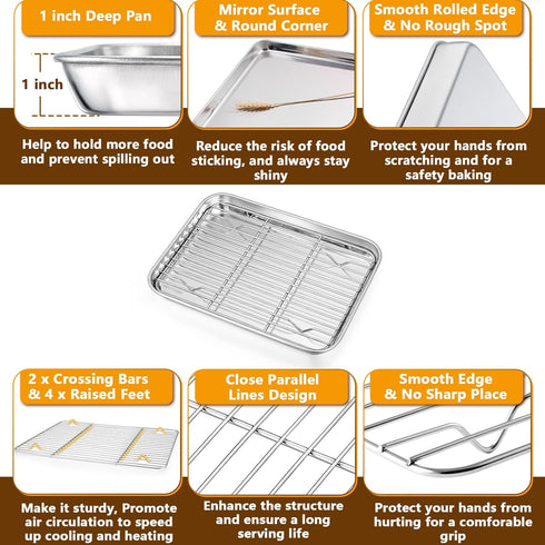 P&P CHEF Toaster Oven Pans with Racks Set of 2, Stainless Steel Small Baking Pan Sheet for Oven Cooking