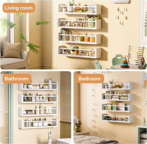 16.5" Set 4, Wall Book Shelves for Kids - Floating Nursery Book Shelves of White Wall Mounted Bookshelf for Kids Room