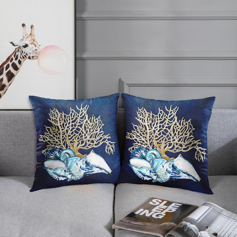 Emvency Throw Pillow Cover, Blue Seashore Indigo Ocean Coral Seashells, 20 x 20 Inch Decorative Pillow Case