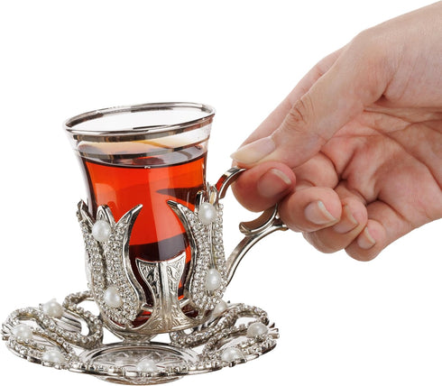 DEMMEX Set 2 2 3.3 oz 12" 5" Turkish Tea and Coffee Serving for Includes Glasses, Metal Glass Holders, Saucers, Spoons