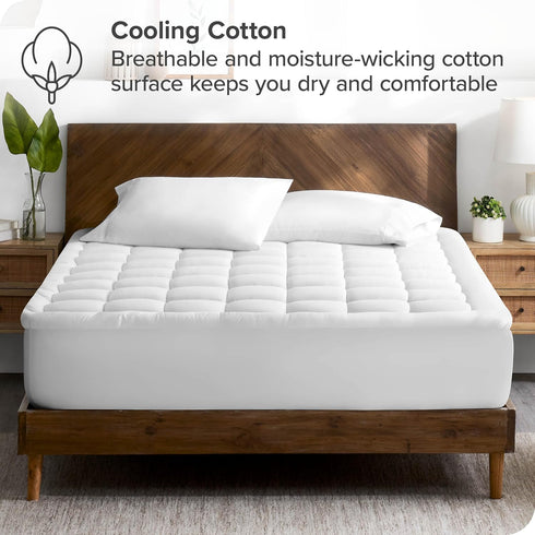 Bare Home Queen Mattress Topper, Cotton Top Fitted Mattress Cover, Cooling Breathable Air Flow, Soft Noiseless Mattress