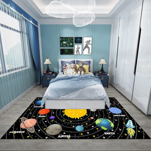 3'5' Planet Rug Space Adventure Theme Boys Bedroom Carpet Galaxy Floor Mat with Solar System Planets Galaxy Decor Kids