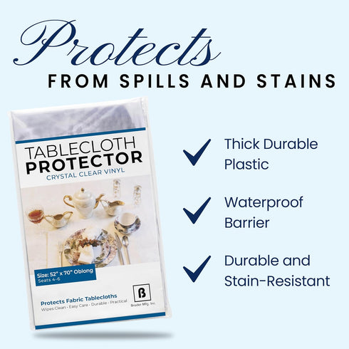 BRODER MFG. INC. Tablecloth Protector Crystal Clear Vinyl (52"x70" Oblong) - Durable for Parties & Everyday Use