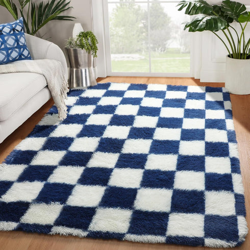 KICMOR Navy Blue and Cream White Rugs for Living Room, 4x6 Fluffy