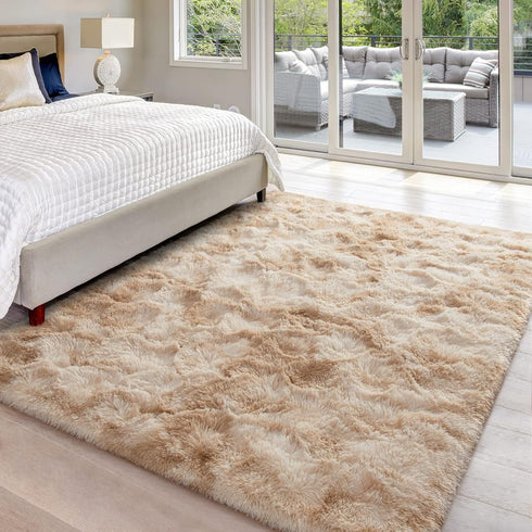 Hutha 5x8 Large Area Rugs for Living Room, Super Soft Fluffy Modern Bedroom Rug, Tie-Dyed Beige Indoor Shag Fuzzy