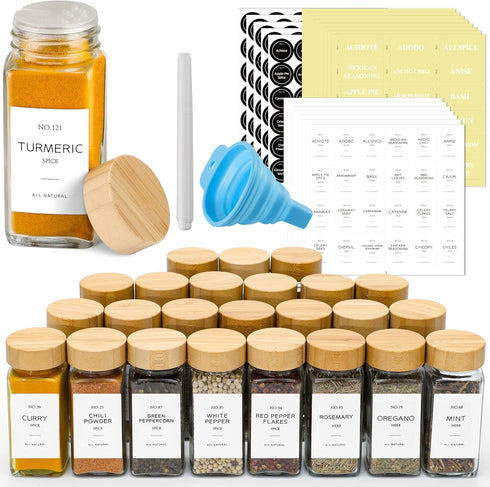 NETANY 24 Pcs Glass Spice Jars with Bamboo Lids, 4 oz Glass