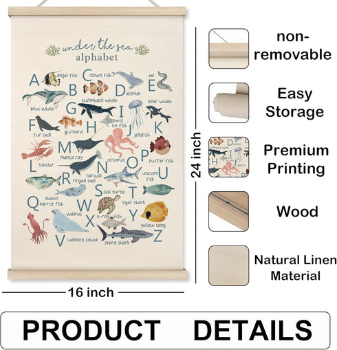 16x24 Inch HRQKO Ocean Alphabet Poster Hanger Frame, ABC Poster Wall Art with Wooden Frames, Alphabet Banner Wall