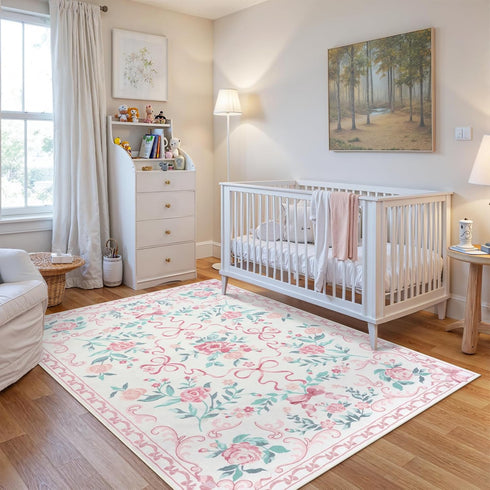 4x6 4' 6') Collive Pink Rugs for Bedroom Girls, Floral Washable Area Rug Non Slip, Soft Indoor Decor Elegant Carpet