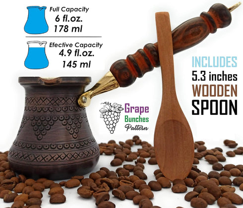 PCZ Series Thickest Solid Copper Engraved/Stamped Turkish Greek Arabic Coffee Pot, 6 fl.oz, Wooden Handle, Antique