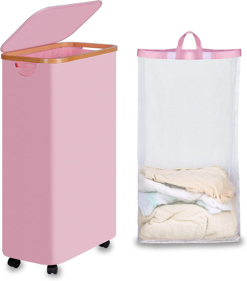 Slim Laundry Basket with Wheels, Rolling Basket with Lid and Removable Bag, 75L (19.8 Gallon) Pink
