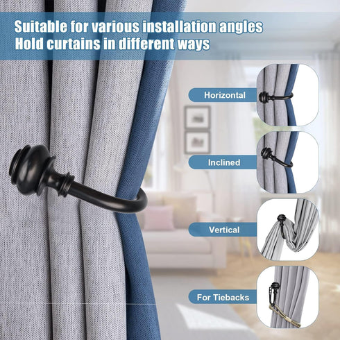 Curtain Holdbacks - 2Pcs Wall Mounted Tiebacks with Screws, Decorative Holders for Bedroom Living Room Office, Black