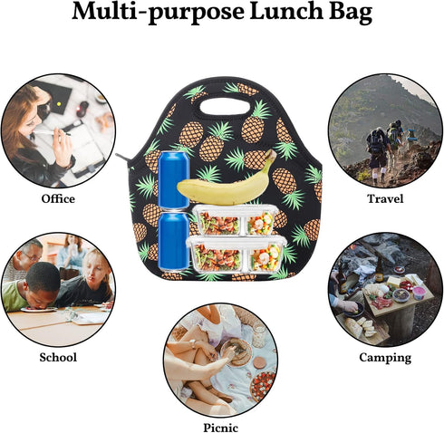 Neoprene Lunch Bag for Kids, Insulated Tote for Women Men, Pineapple Black