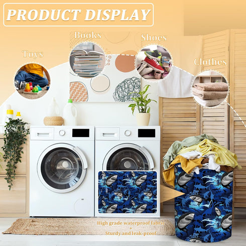 Blue Shark Foldable Laundry Basket, Waterproof Oxford Cloth, Funny Tote Bag for Dirty Clothes, 15.7"x19.6"