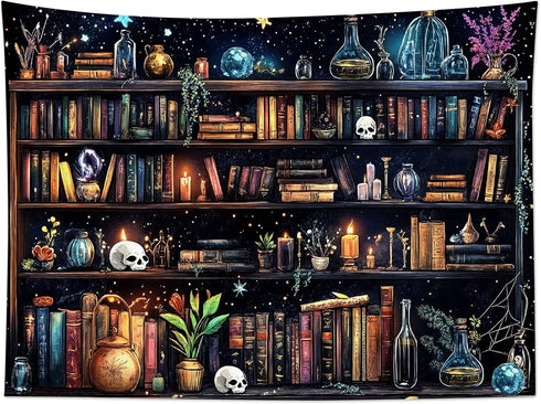 40L 60W Inches HVEST Magic Bookshelf Tapestry Vintage Bookshelf Witchy Books Plant Skull Gothic Halloween Tapestry Wall