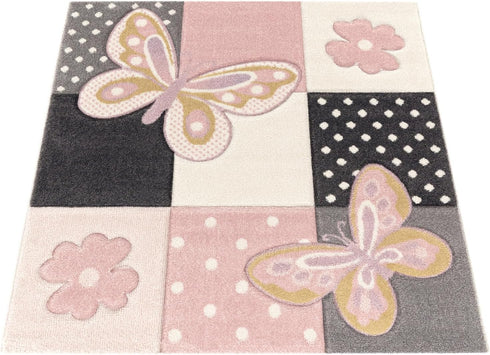 Size:2'8" 4'11" Kids Room Rug Pastel Colors Butterflies Check Pattern Spots Flowers Colourful, x