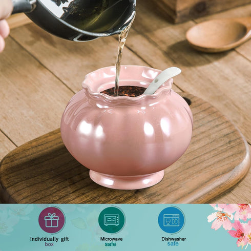 Porcelain Sugar or Salt Bowl with Lid and Spoon, Ceramic Spice Keeper, 9 Ounce, Pearlescent Pink Design