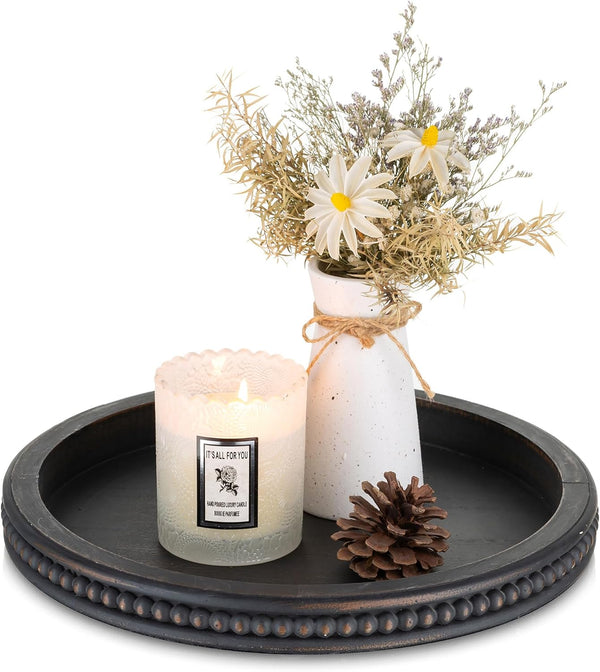 Hanobe Decorative Coffee Table Tray: Modern Farmhouse Beaded Round Tray Decor Rich