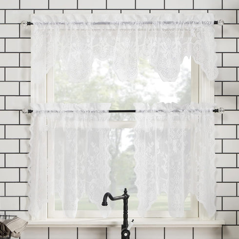 No. 918 Alison Floral Lace Sheer Rod Pocket Kitchen Curtain Tier Pair - 58" x 36", White