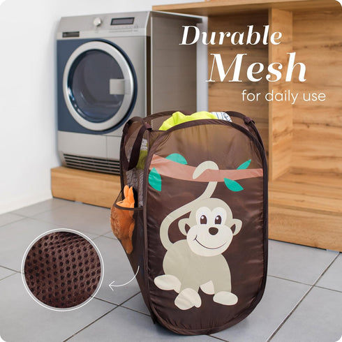 Handy Laundry Collapsible Mesh Pop Up Hamper with Wide Opening and Side Pocket for Clothes and Storage (Monkey)