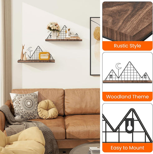 Set 2 Homode Floating Shelves, of Mountain Wall Shelves, Rustic Wood Display Storage Shelf with Metal Wire, Geometric