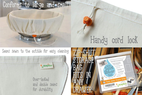 Greek Yogurt Strainer Pouch - Organic Cotton (16"X9") / Reusable Cheesecloth Alternative