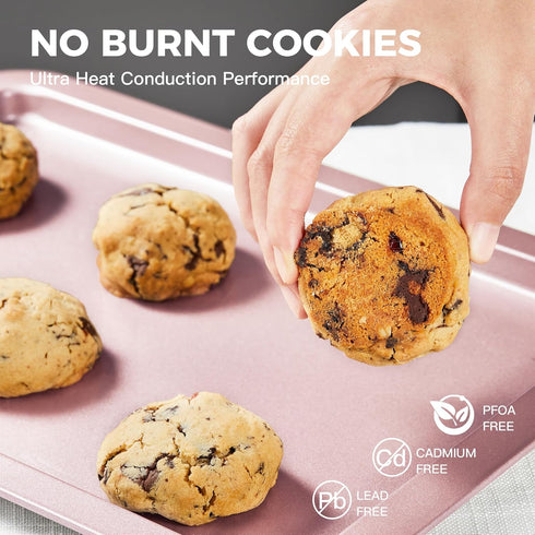 HONGBAKE Baking Sheet Pan Set, Nonstick Cookie Sheet for Oven, 3 Pack Half/Jelly Roll/Quarter Baking Tray, Pink