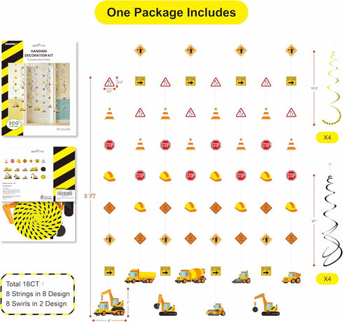 16Pcs Set Construction Theme Party Hanging Decorations Swirl with Trucks, Traffic Cone & Safety Symbols | Party
