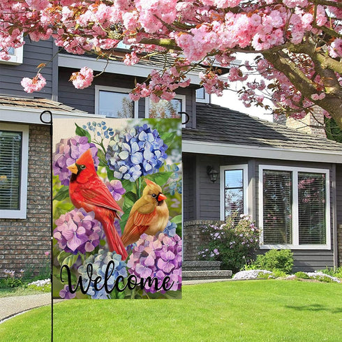 Welcome Summer Cardinal Red Birds Garden Flag, Hydrangea Flowers Outside Decor, 12 x 18 Double Sided Burlap Decoration
